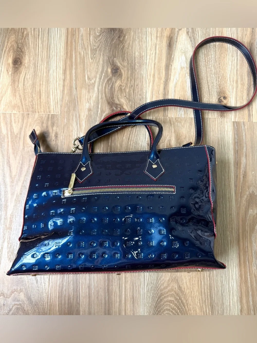 Arcadia Made in Italy Navy Blue Patent Leather Embossed Satchel Tote Bag